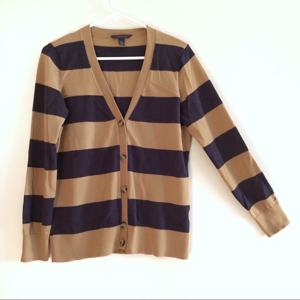 Tommy Hilfiger L Navy and Tan Striped Cardigan